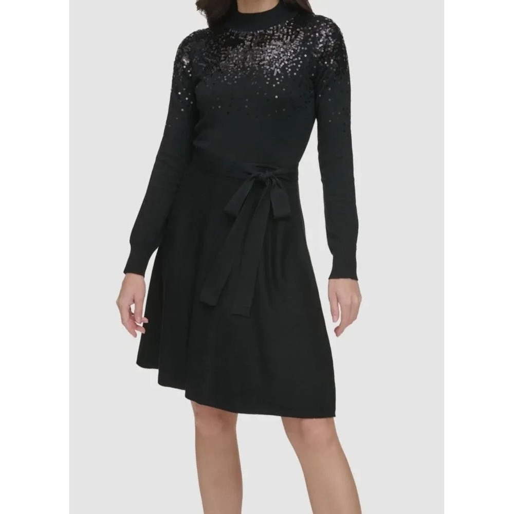 Vince Camuto Women's Black Sequin‎ Embellished Turtleneck Fit & Flare Dress XL